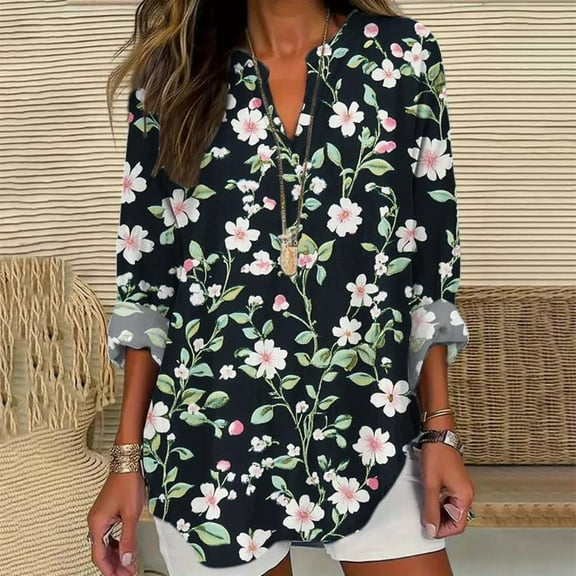 Women Shirts Long Sleeve Floral Tops For Women Spring Plus Size V Neck T Shirts Trendy Graphic Cotton Tunic Tops,Black Women Shirts S