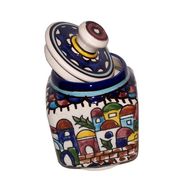 Jerusalem Sugar Pot - Square - Ceramic painted by hand (4 Inches) - Old City Panorama or view - Asfour Outlet Trademark