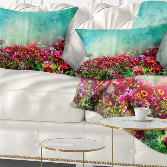 Designart Little Red and Pink Flowers on Blue - Floral Throw Pillow - 12x20