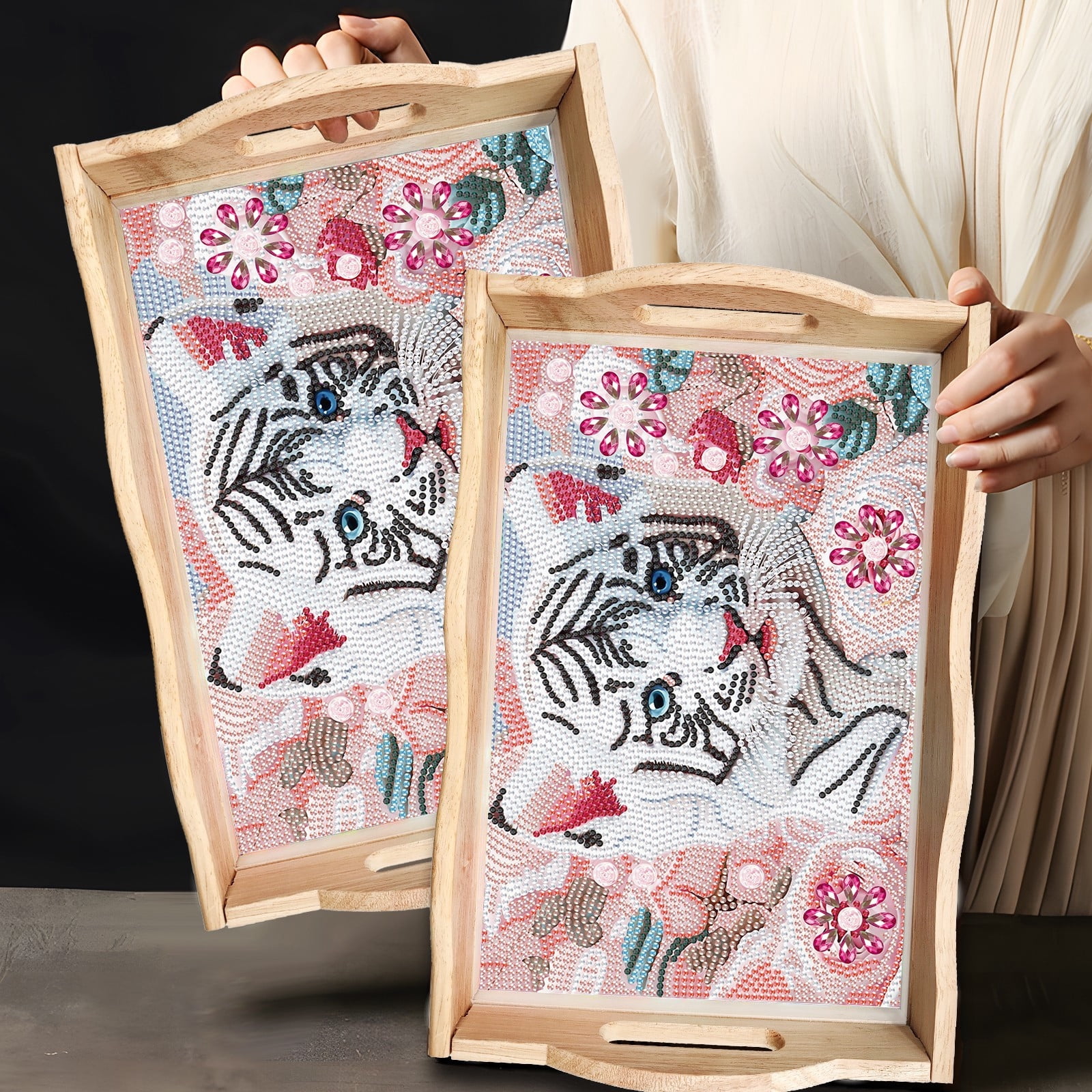 FLOPESN DIY White Tiger Dot Diamond Painting Tray, 11.81*7.87 inch, Creative Design Handmade Wooden Tray Dinner Plate diamond art kit