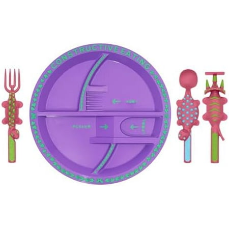 Plate and Utensils Set - USA-Made Toddler Dinnerware with Divided Plates (Pink Dinosaur)