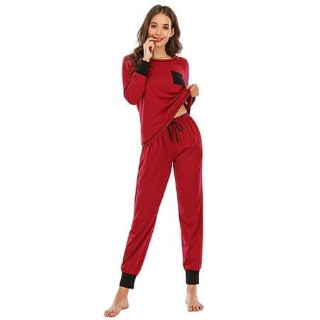 

Women s Long Sleeved Pajamas Wristband Nightshirt with Drawstring Waist Pajamas Long Pants Pockets Two Piece Super Soft Cotton Cuffed Sleepwear Loungewear Pjs Sets S-2XL Red