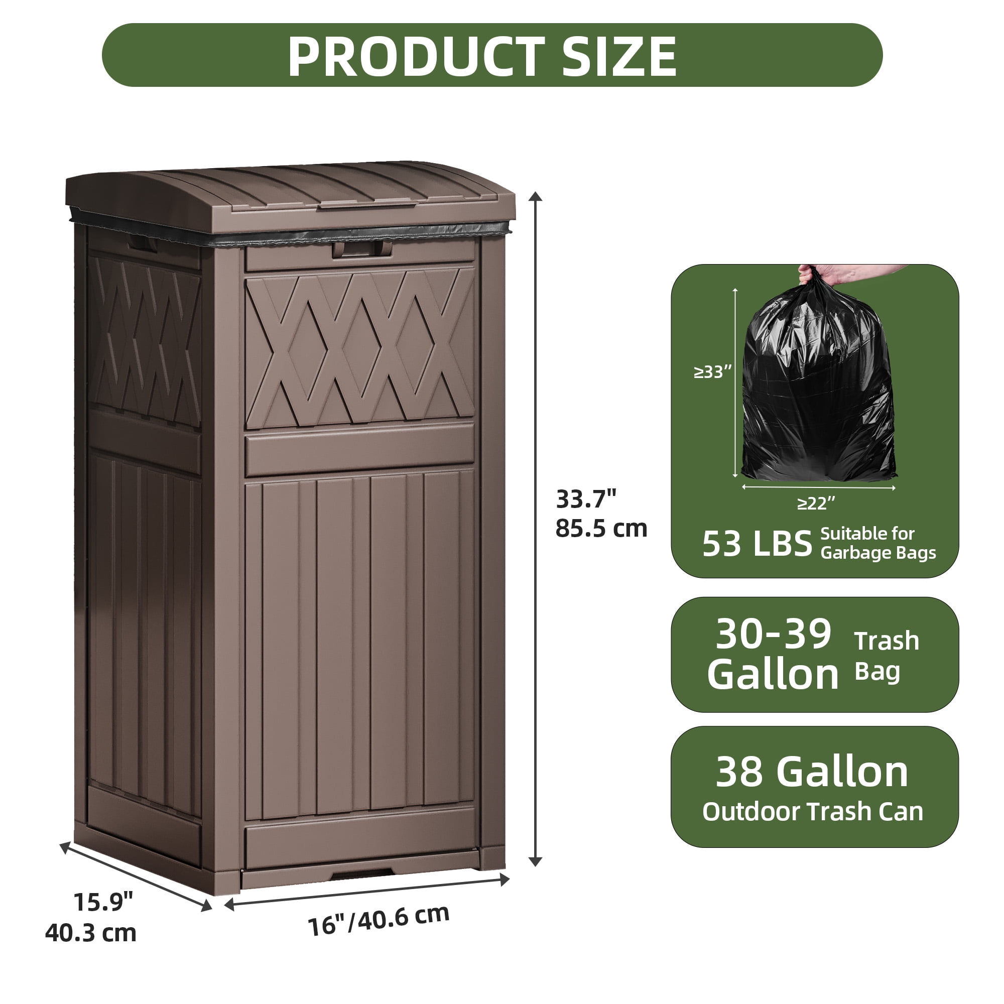 Uforic 36 Gal Outdoor Trash Can,Waterproof Resin Garbage Bin with Fabric Bag, Tiered Lid & Drip Tray, for Patio,  Backyard, Dark Brown
