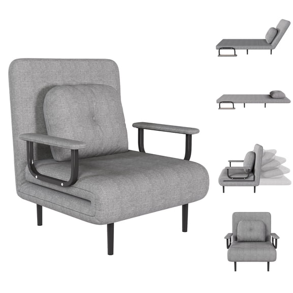 3-in-1 Convertible Folding Sofa Bed Chair – 5-Position Adjustable Backrest with Pillow, Space-Saving Sleeper for Living Room, Bedroom & Office (Grey)