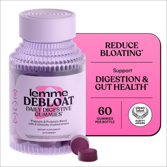 Lemme Debloat - Digestive & Gut Health Gummies with 2 Clinically Studied Probiotics & Prebiotic, Vegetarian, Gluten Free, Non GMO, BlackBerry Flavor, 60 Count