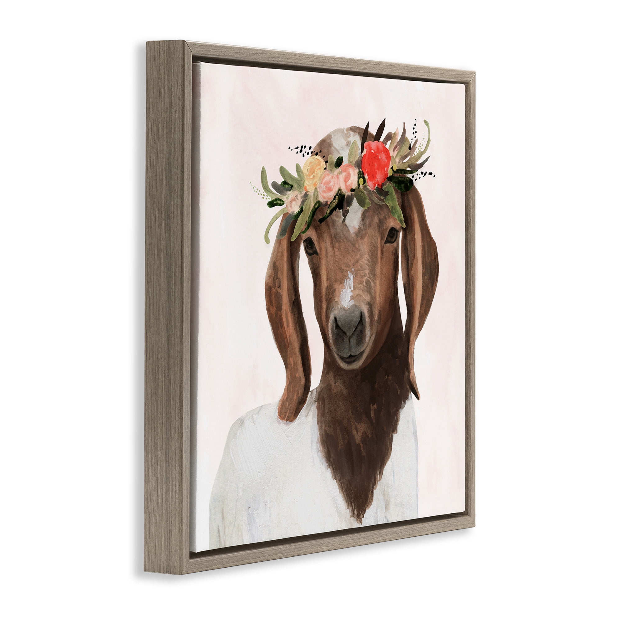 Stupell Industries Springtime Flower Crown Long Ear Goat Animals & Insects Painting Brown Floater Framed Canvas Art Print Wall Art, 25 x 25