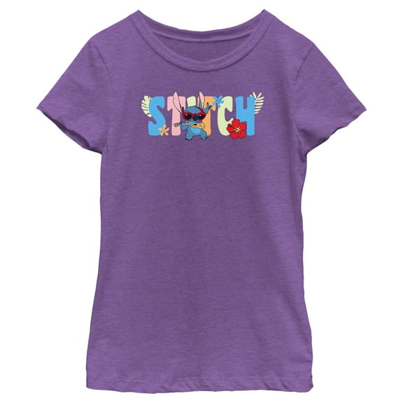Girl's Lilo & Stitch Colorful Ukulele Stitch  Graphic Tee Purple Berry Medium