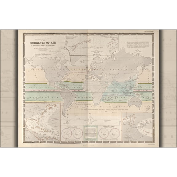 24"x36" Gallery Poster, map of the world showing air currents 1848