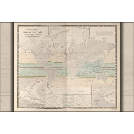 24"x36" Gallery Poster, map of the world showing air currents 1848