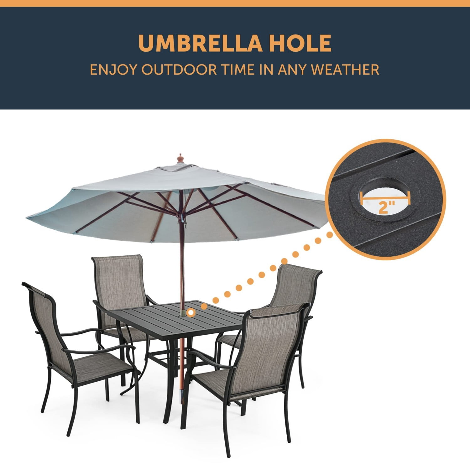Patio Dining Table for 4, Square Outdoor Metal Table with 2" Umbrella Hole, Steel Slat Backyard Furniture for Garden Porch Poolside Black（35" x 35" x 28.5"）