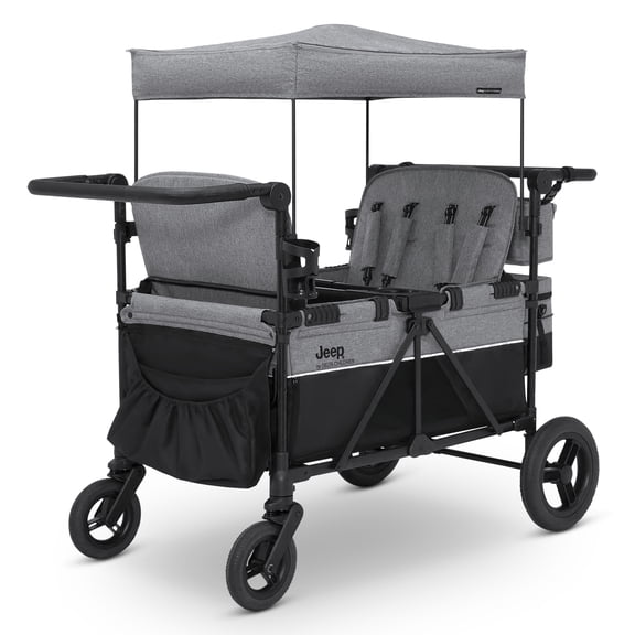 Jeep Wrangler Deluxe 4 Seater Stroller Wagon by Delta Children - Premium Quad Stroller Wagon for 4 Kids with Convertible Seats, Adjustable Push/Pull Handles, Removable Canopy & Flat Fold, Grey