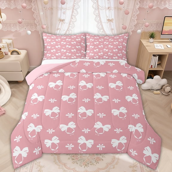 Manfei Pink White Bows Print Full Size Comforter Sets for Girls, Cute Ribbon Bows Bedding Sets, Pink Reversible, 3pcs
