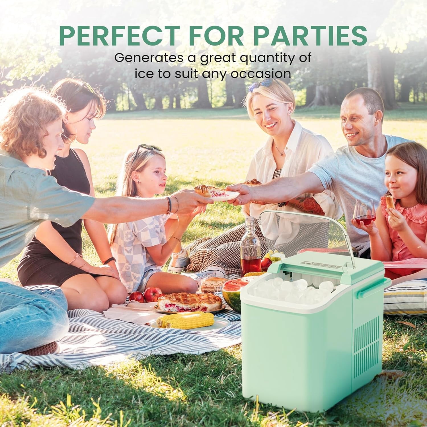 Portable Ice Maker Countertop Machine, Makes 9 Bullet Ice Cubes in 6 Minutes, 26lbs Daily, Auto-Cleaning, with Handle and Basket, for Home Kitchen RV Camping, White