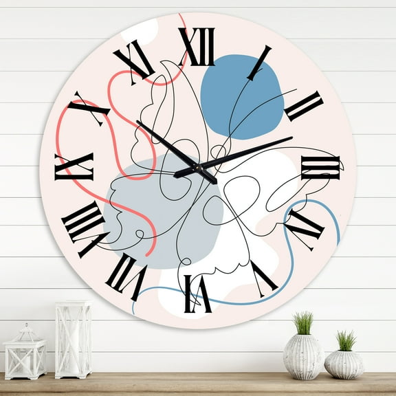 Designart 'Butterfly One Line Drawing On Cubism Shapes I' Modern Wall Clock