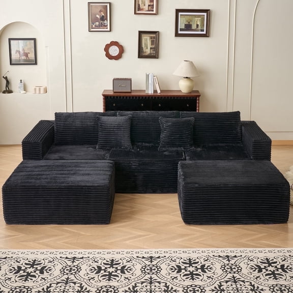 Garaneeds 110" U-Shaped Sectional Sofa for Living Room, 5-Seat, Black Flannel