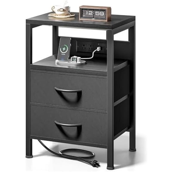 NightStand Bedside Charging Table Bedroom - Night Stand with Charger Station, Modern Nightstand with Open Shelf & 2 Fabric Drawers, Bed Side Table with USB-C Port for Dorm, Black