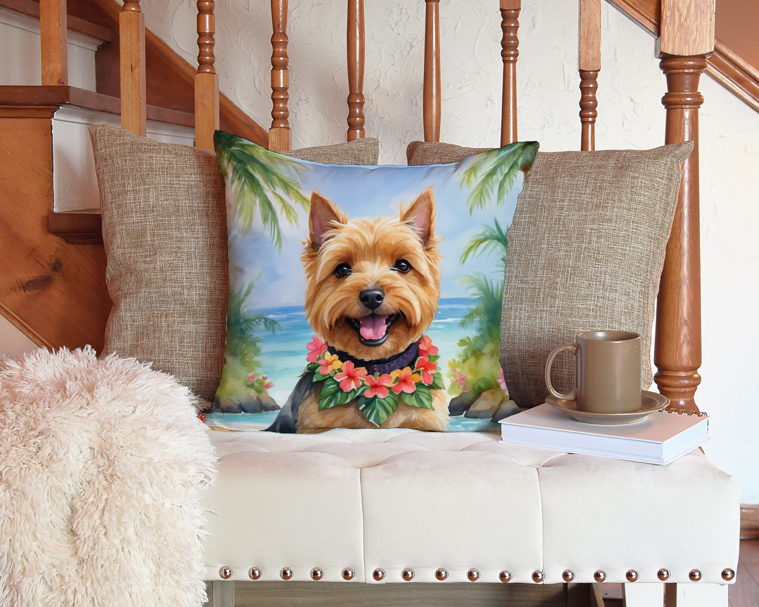 Norwich Terrier Luau Throw Pillow 14 in x 14 in