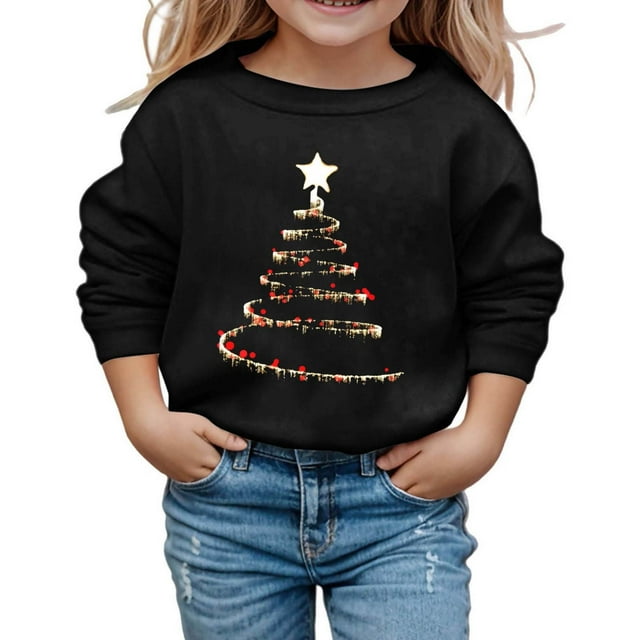 PMVFHDE Chandail de Noël pour Filles à Manches Longues, Col Rond, Chandail Douillet à Enfiler, Haut Doux et Décontracté, Imprimé Graphique Ludique pour les Fêtes, Vêtements pour Jeunes, Noir, 5-6 Ans