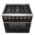 thumbnail image 2 of Forno Galiano 36-inch Freestanding Gas Range in Black with Antique Brass Design, 6 Burners, 83,000 BTU, 5.36 cu.ft. Convection Oven, 2 of 11