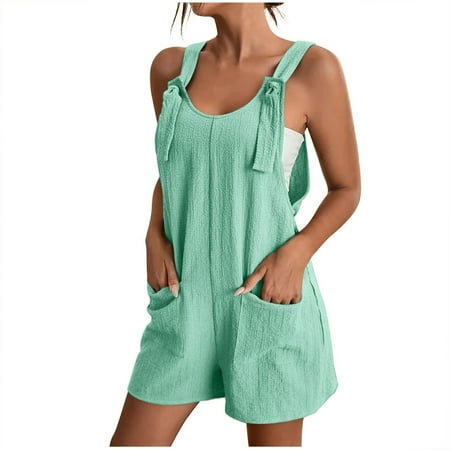 

Eryao Cotton Linen Short Jumpsuits for Women Loose Fit Women s Casual Summer Shorts Rompers Baggy Overalls Bib Jumpsuit Tie Strappy Sleeveless Short Pants with Pockets
