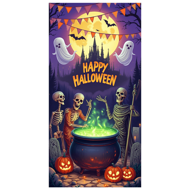 Bannière Décorative Happy Halloween Squelette Design Fantômes Effrayants Maison Hantée pour Décoration des Fêtes Fête Extérieure Célébration