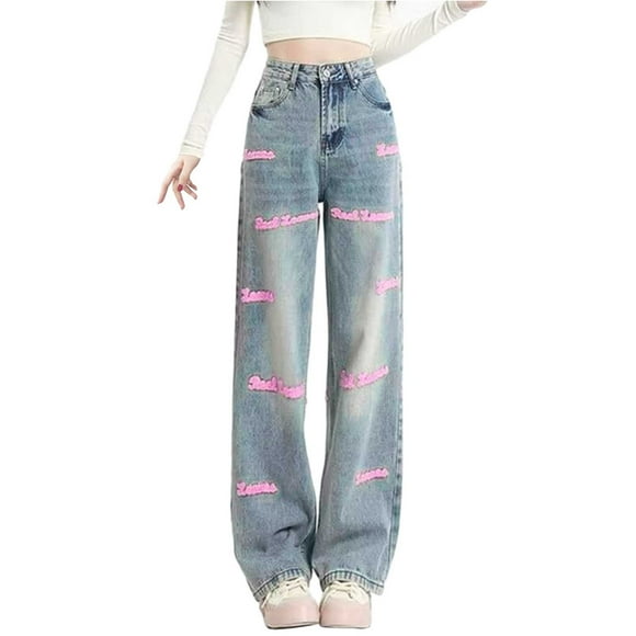 Bmisegm Women Comfortable Baggy Jeans Trousers with High Waist E Girl Style Streetwear Casual Vintage Denim Trousers Loose Straight Leisure Trousers Y2K Jeans for Women Pink XS