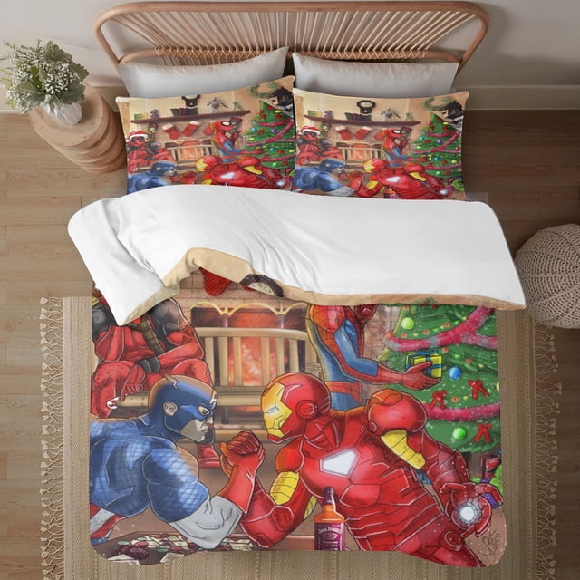 Juego de edredón navideño de Los Vengadores para niños, niñas, niños y adultos, juego de cama geométrico 3D, 1 funda de edredón + 2 fundas de almohada