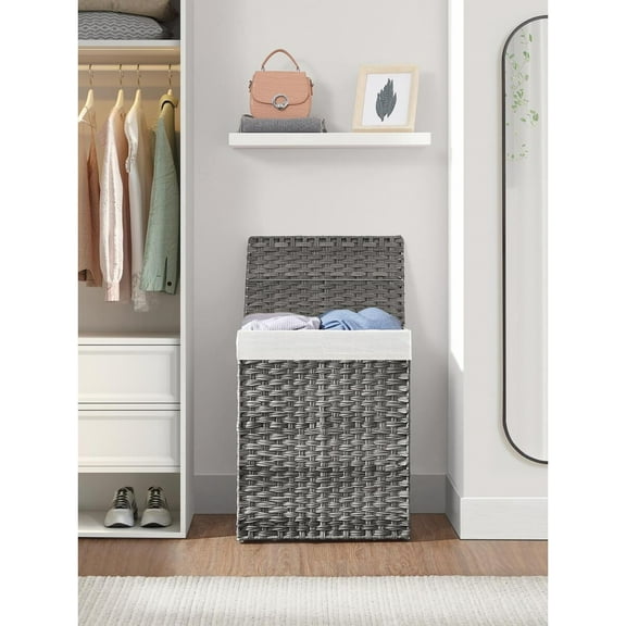 90L Wicker Laundry Hamper with Lid, 2 Removable Liner Bags & 6 Mesh Bags, Foldable Double Laundry Basket, Bathroom-Specific Clothes Storage Hamper