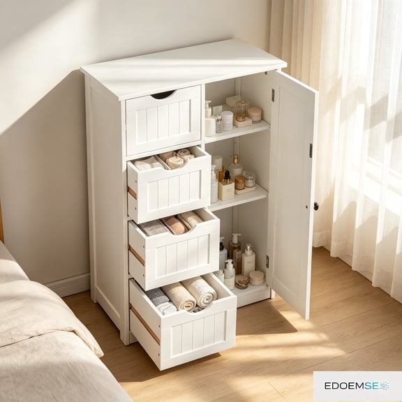 EDOEMSE White Single Door Bathroom Organizer Cabinet with 4 Storage Drawers