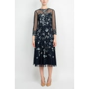 Adrianna Papell Crew Neck 3-4 Sleeves Back Zipper Beaded Floral Dress-MIDNIGHT / 4