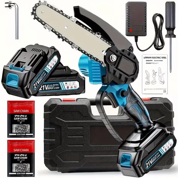 Shinylink Cordless Chainsaw W/ 2PC Battery, 6-inch Power Chain Saw W/ Security Lock, Portable Electric Chainsaw, Handheld Small Chainsaw for Tree Trimming Wood Cutting, Blue