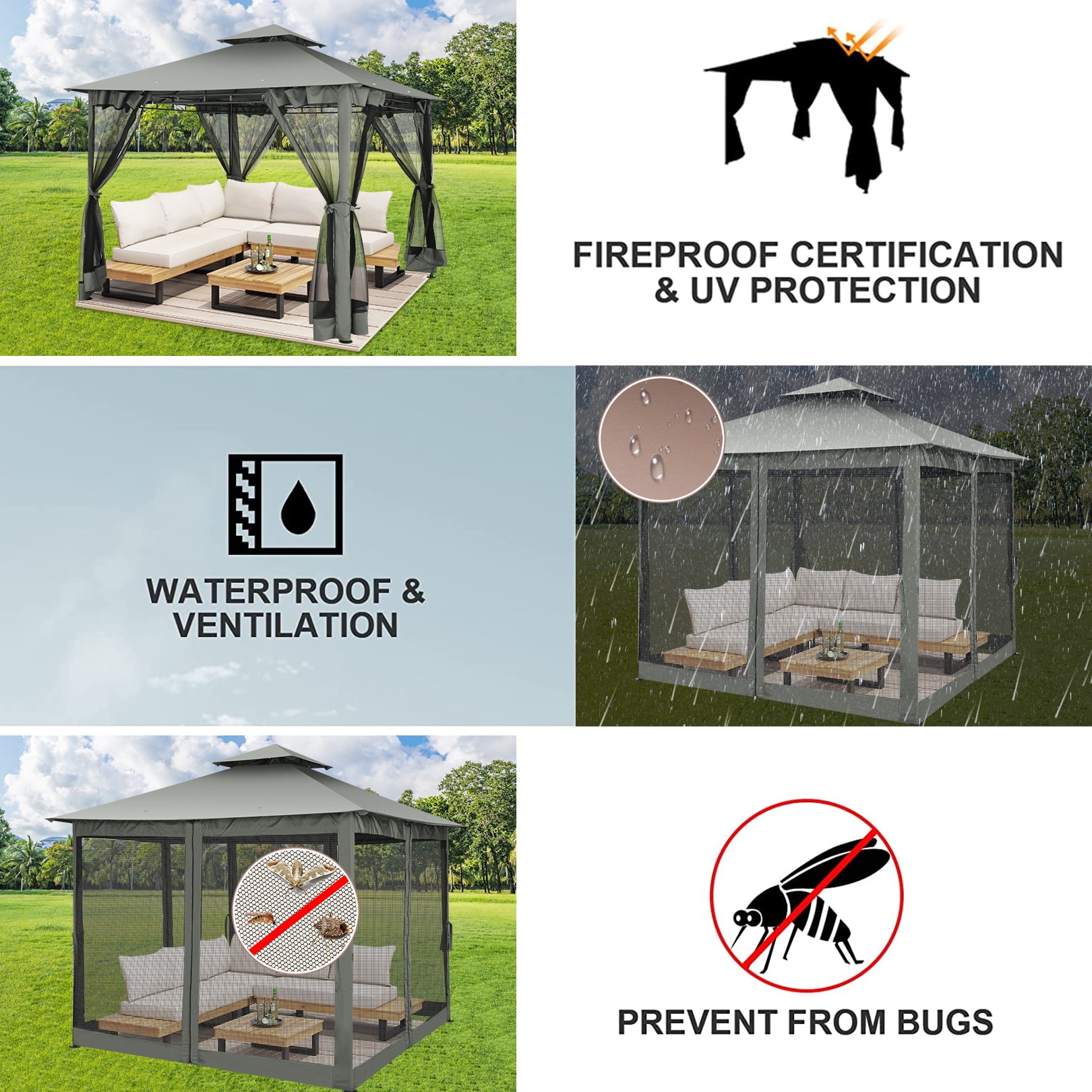 HOTEEL 10x10 Gazebos for Patios, Canopy Tent Outdoor Gazebo Backyard Gazebo Patio with Mosquito Netting and Double Roof for Party, Wedding, BBQ and EventQ, Gray