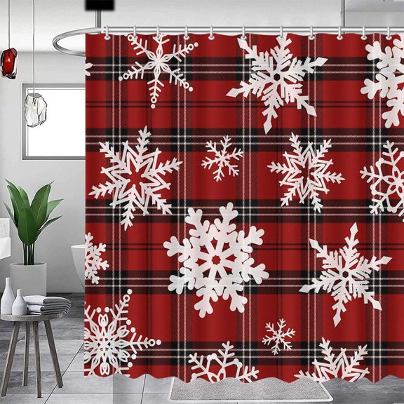 Christmas Shower Curtain Winter Snowflake Shower Curtains for Bathroom Red Buffalo Plaid Bathroom Decor Washable Durable Fabric Shower Curtains 72x72 inch