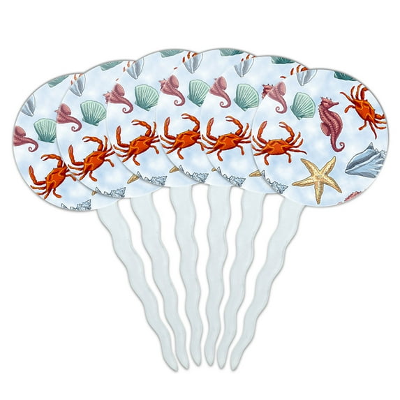 Sea Life Shells Seahorse Crab Starfish Blue Cupcake Picks Toppers - Set of 6