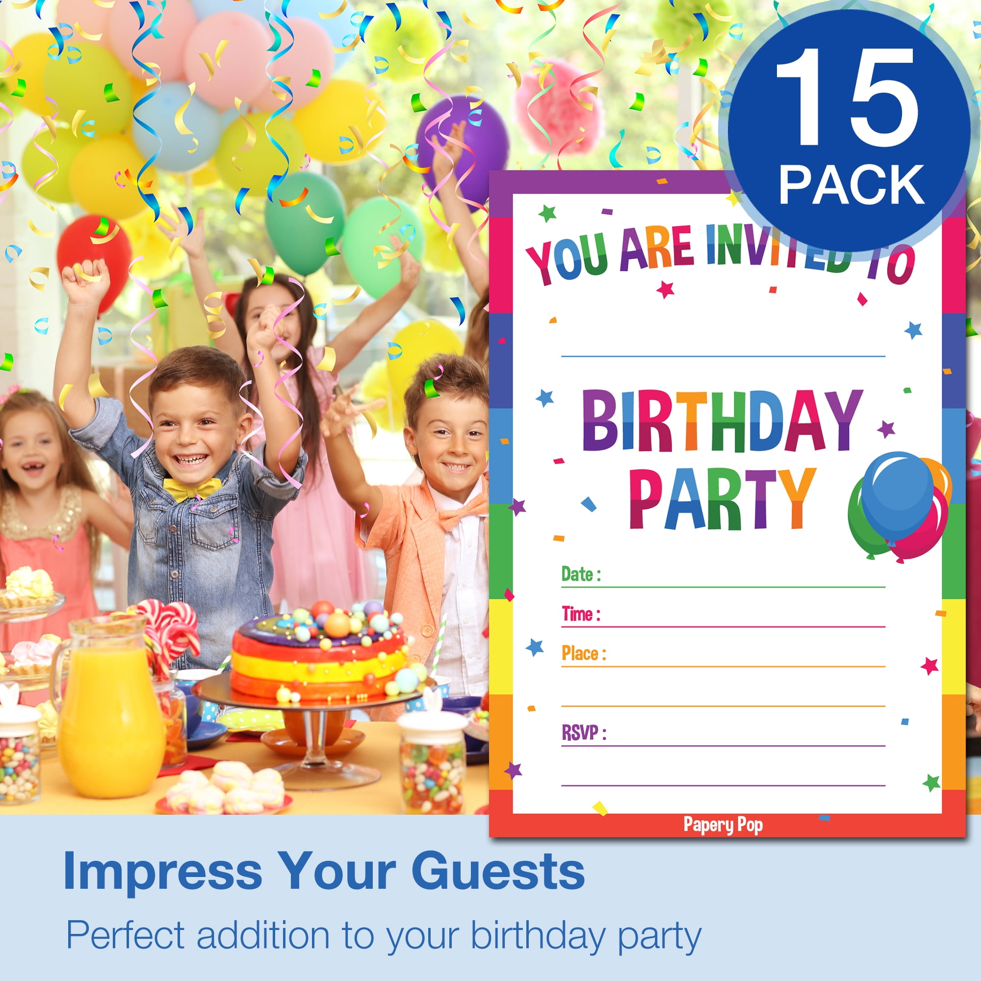 Birthday Invitations with Envelopes (15 Pack) - Rainbow