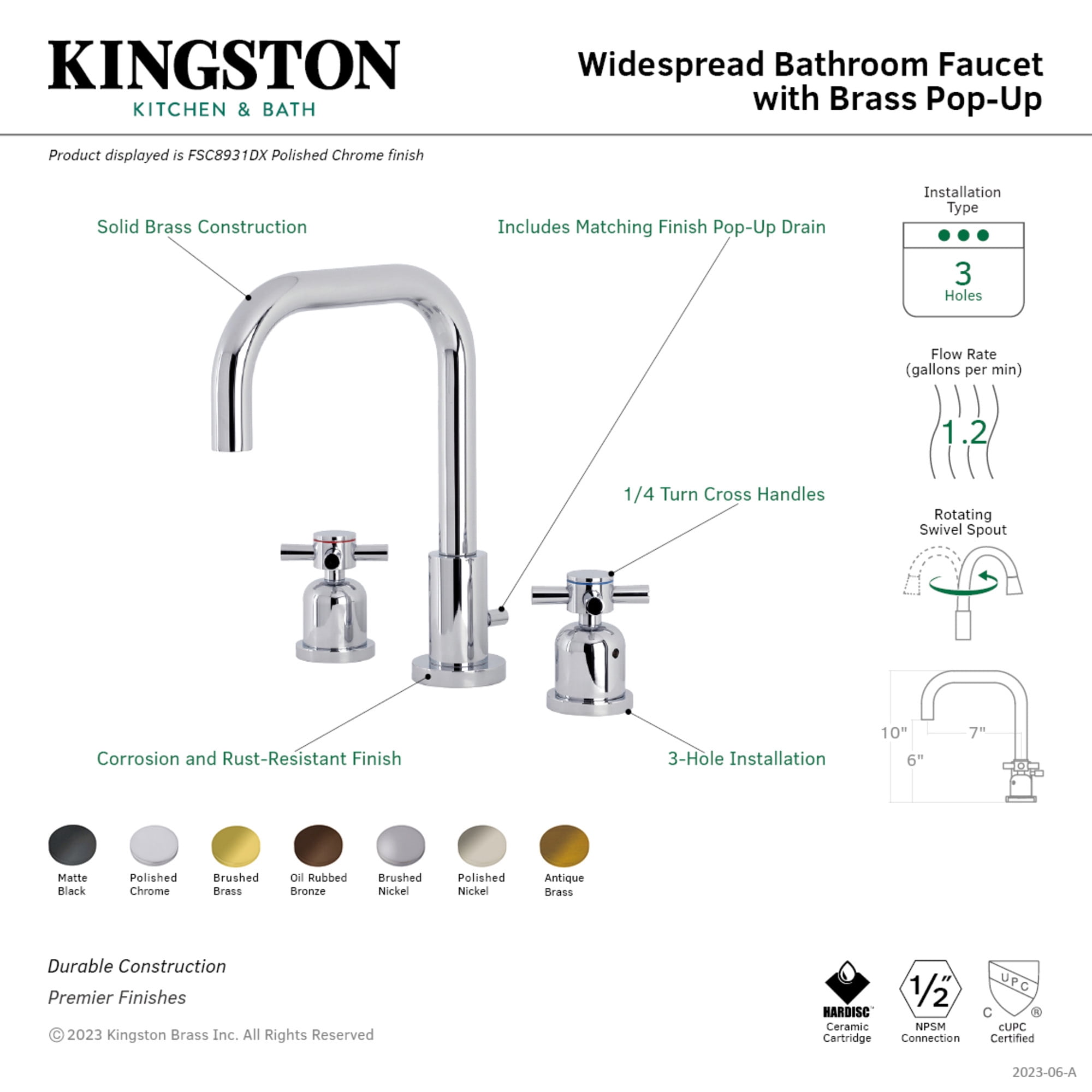 Kingston Brass FSC8935DX Concord Widespread Bathroom Faucet with Brass Pop-Up, Oil Rubbed Bronze
