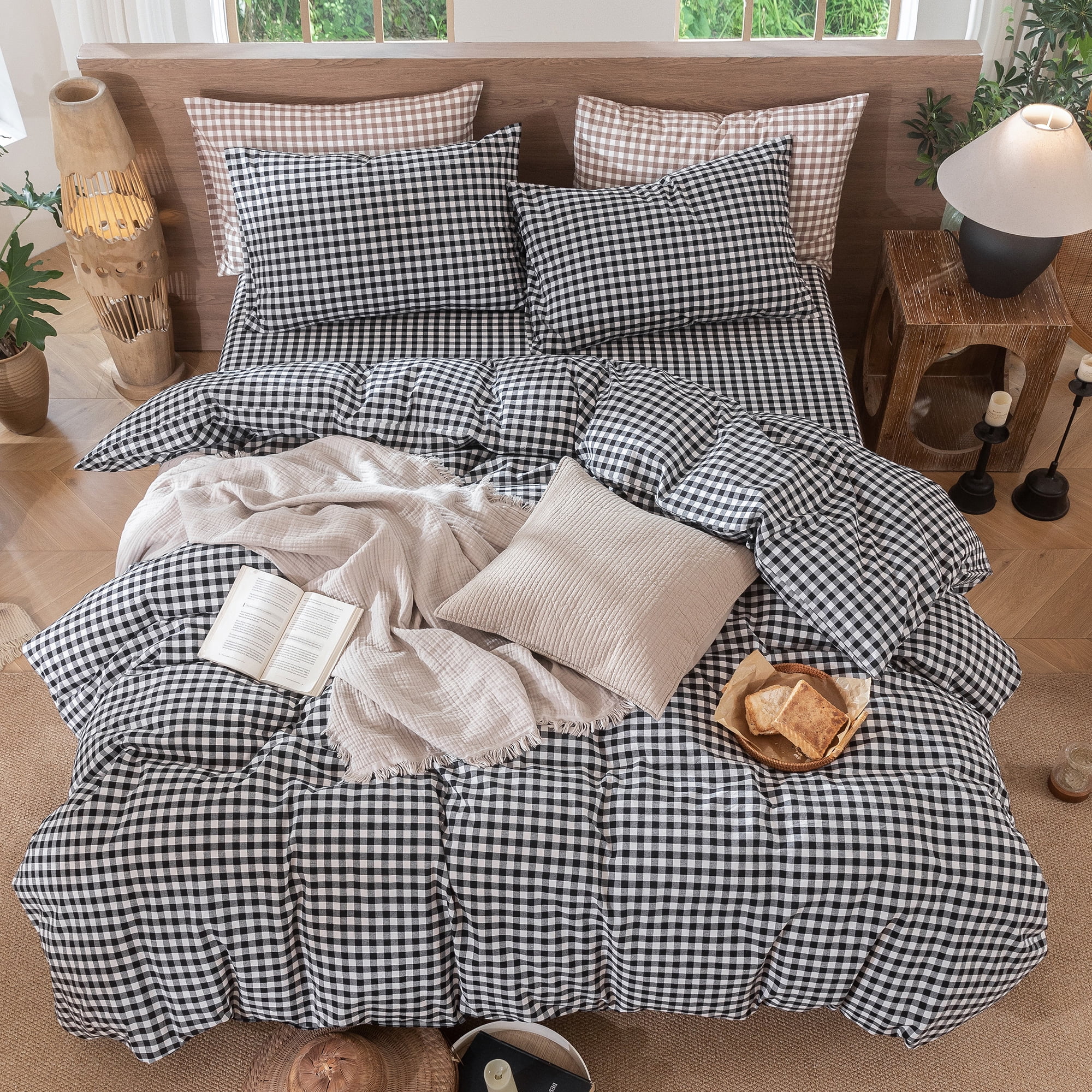 MooMee Gingham Duvet Cover Set King 100% Washed Cotton Linen Like Textured Breathable Lightweight 3-Piece (Black& White, 104"x90")