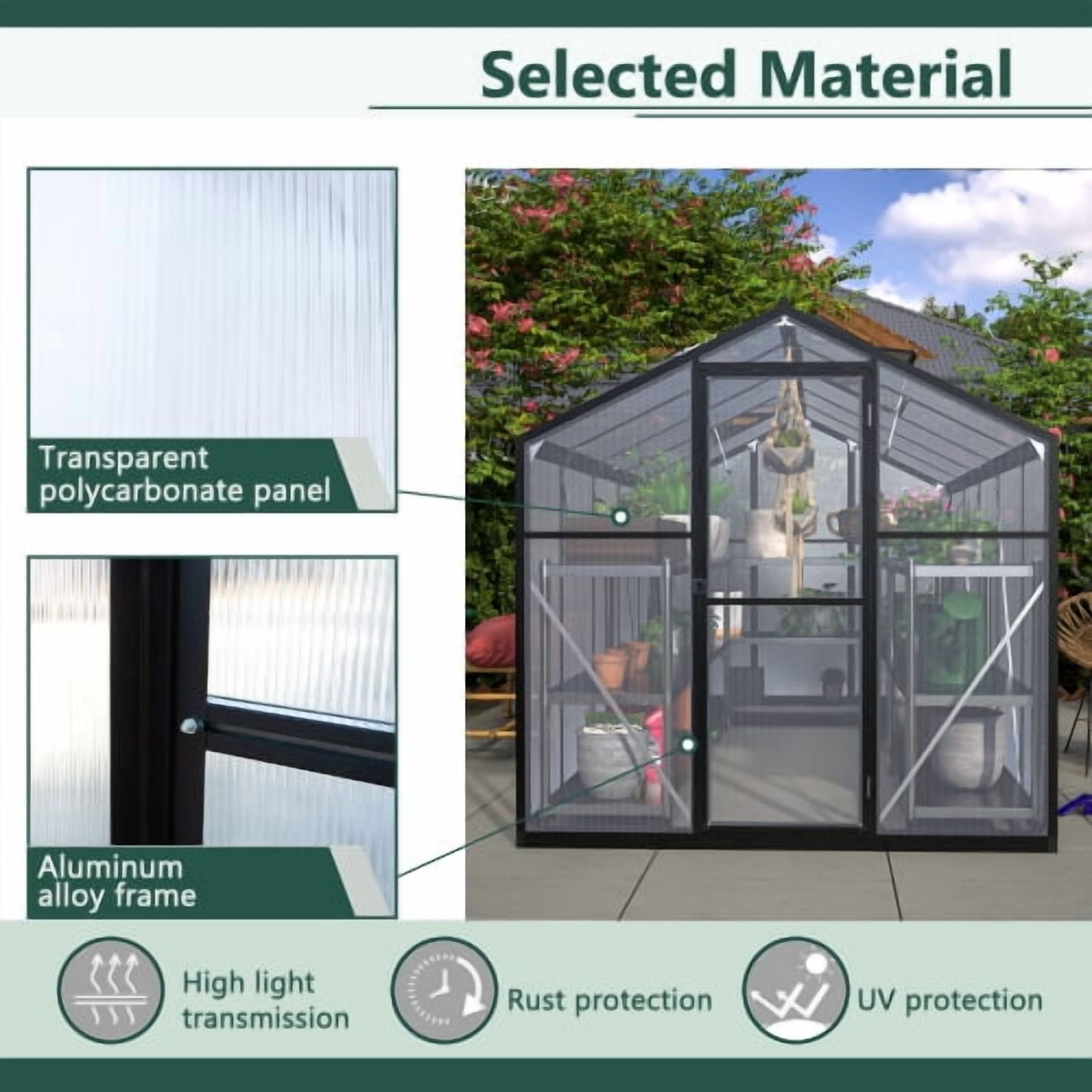 Thanaddo 6'x8' Polycarbonate Walk-in Greenhouse, Heavy Duty Aluminum Frame with Roof Vent, UV-Resistant for Outdoor Garden, Black
