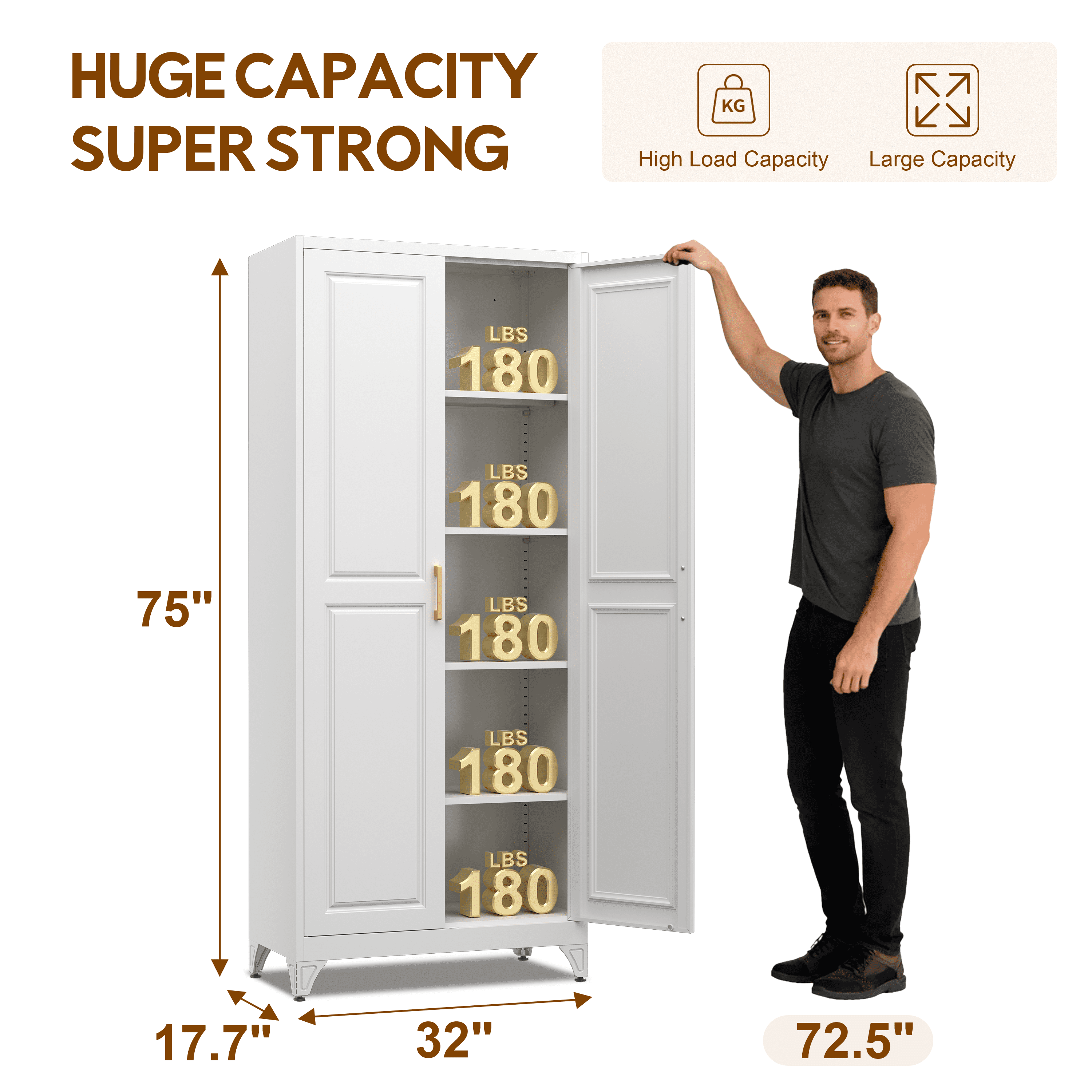 Polup 75" Height Metal White Storage Cabinet, Modern Tall Steel Pantry Cupboard with 2 Doors and Adjustable Shelves for Kitchen Garage and Home