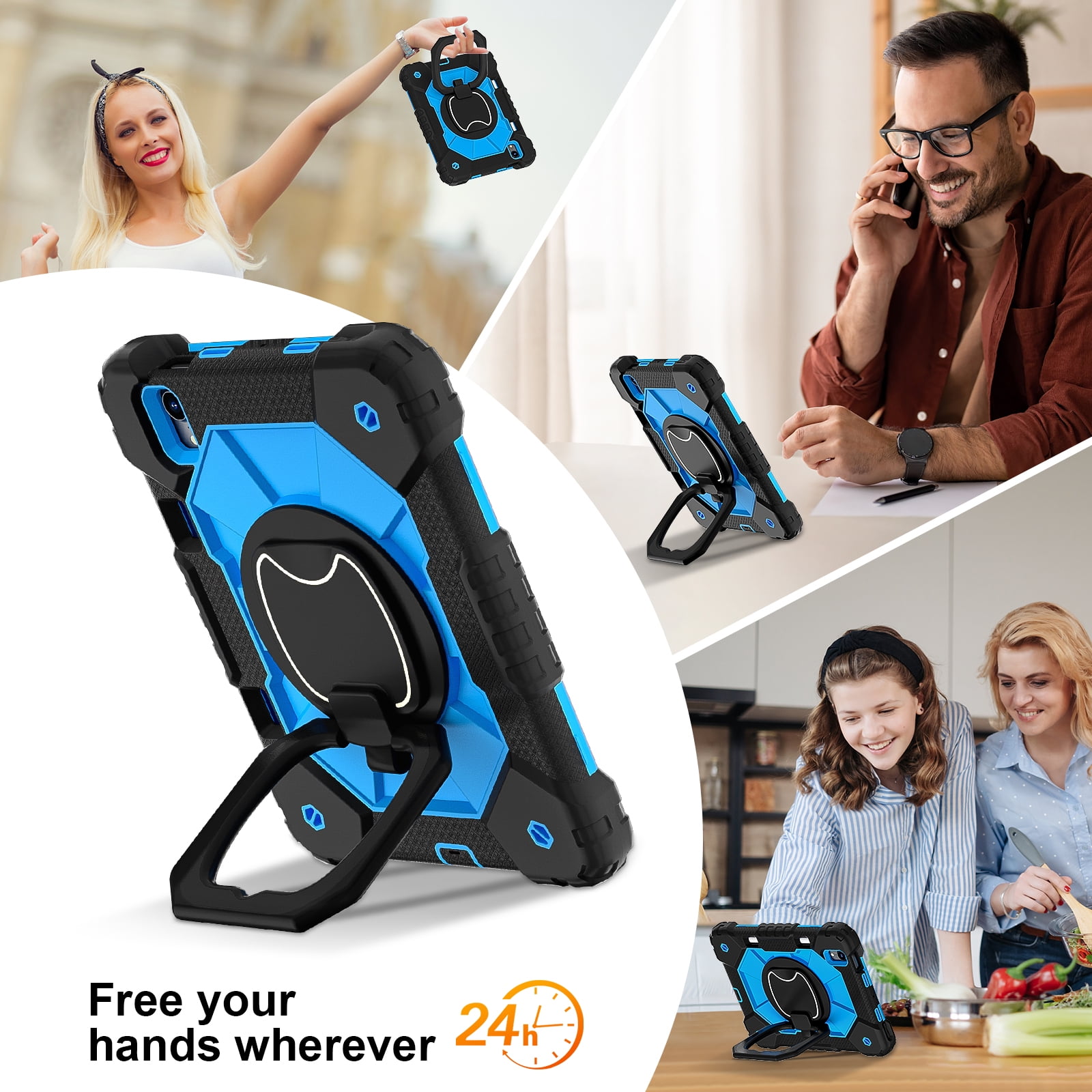 TECH CIRCLE for Apple iPad Air 13-inch (M2) Back Cover Case 2024 Release, Kids Portable Shockproof Case with Pencil Holder and Rotate Kickstand/Handle, Adjustable Shoulder Strap Included, Black Blue