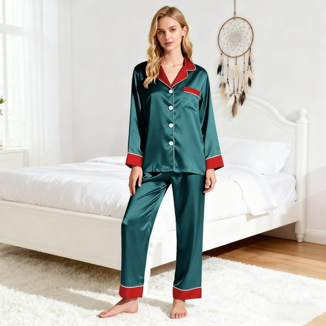 Ensemble de Pyjama en Satin pour Femmes, Couleur Unie avec Garniture Contrastée, Haut à Manches Longues avec Col Cranté et Pantalon, Détail de Manchette Contrastée Élégant, Vêtement de Nuit à Boutons devant Marine TTG