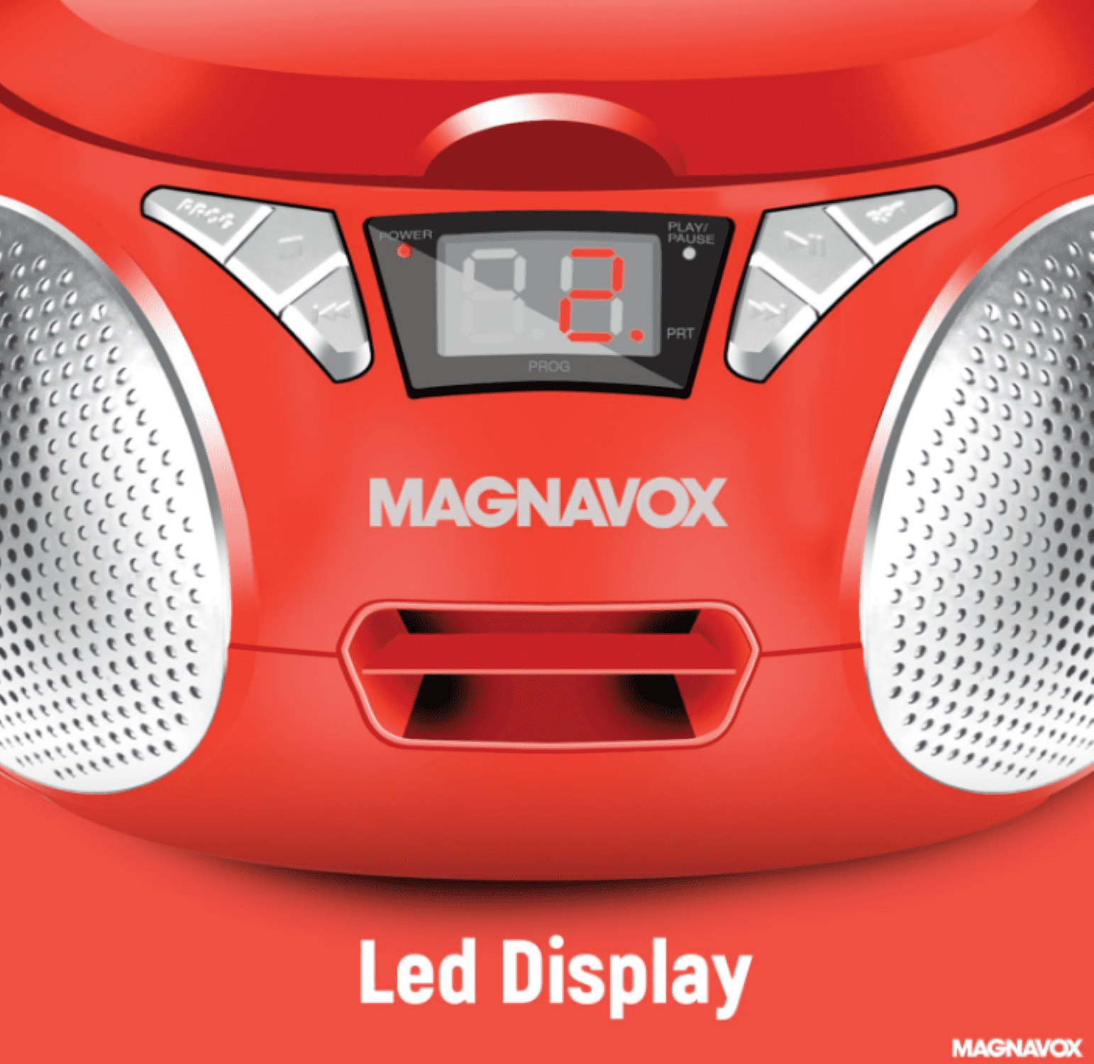 Magnavox Portable CD Boombox with FM Stereo Radio, Top-Loading CD Player, AUX Input, LED Display, AC/DC Power, Battery Operated Boombox, Red