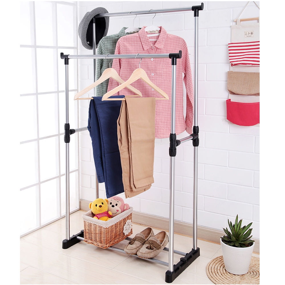 Portable Double Adjustable Heavy Duty Clothes Hanger Garment Rail Rack 