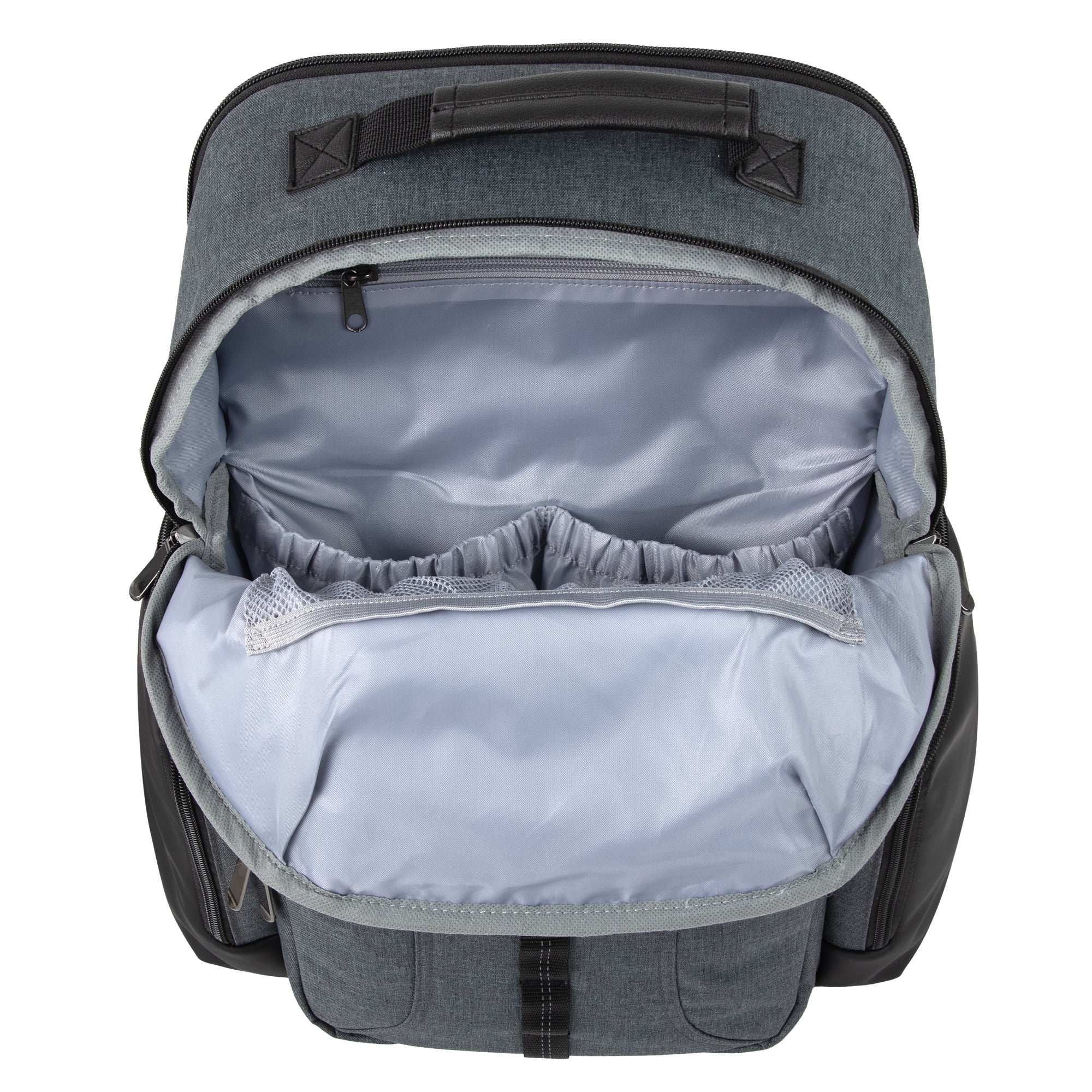 Baby Essentials Super Cooler Multi-Pocket Dual Zipper Closure Diaper Bag Backpack with Matching Changing Pad, Insulated Bottle Pockets and Stroller Straps in Gray & Black