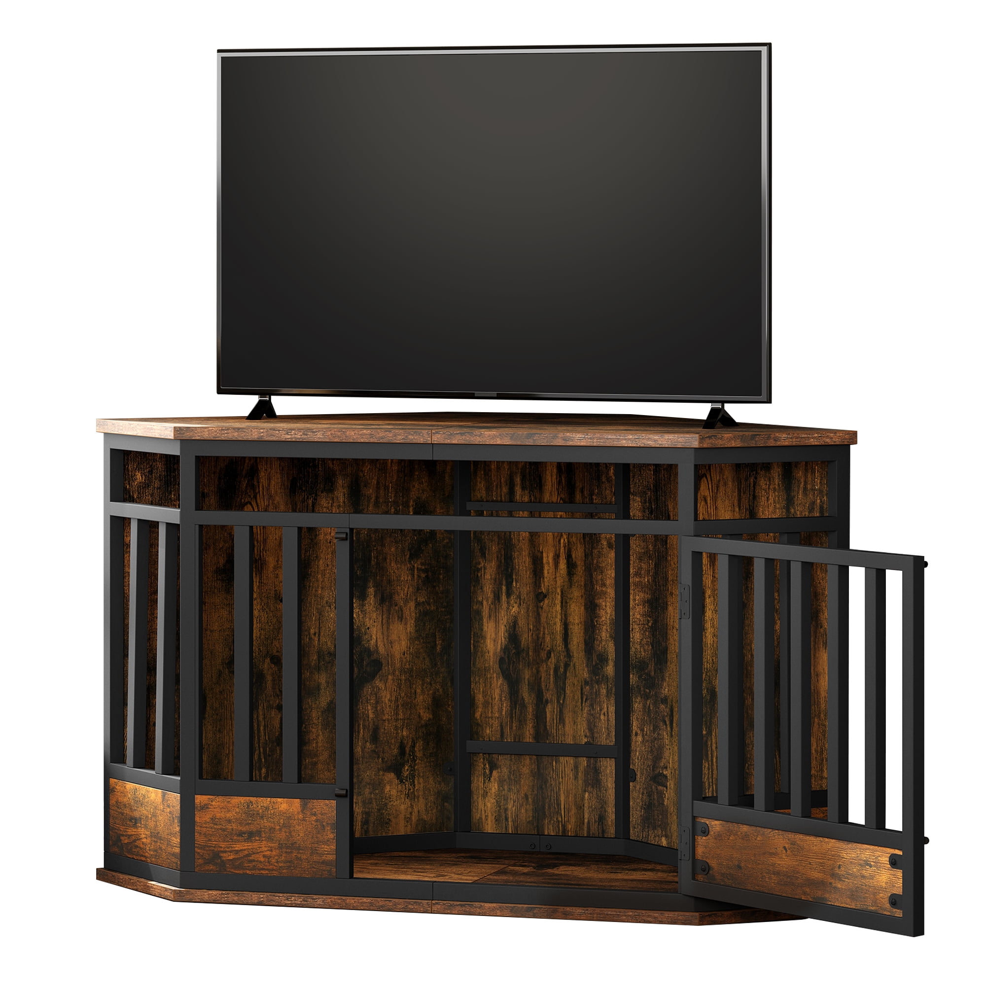 Uforic Farmhouse Corner TV Stand for TVs up to 55 inch With Wood Corner Dog Crate Furniture,Dog Kennel, TV Media Console, Walnut