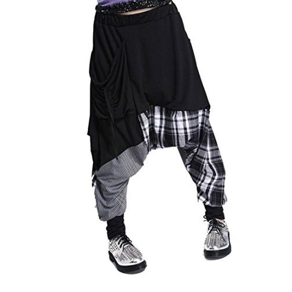 ellazhu Womens Casual Harem Pants Baggy MC Hammer Drop Crotch Joggers Pocket Plaid Hip Hop Yoga Pants GY206 Black