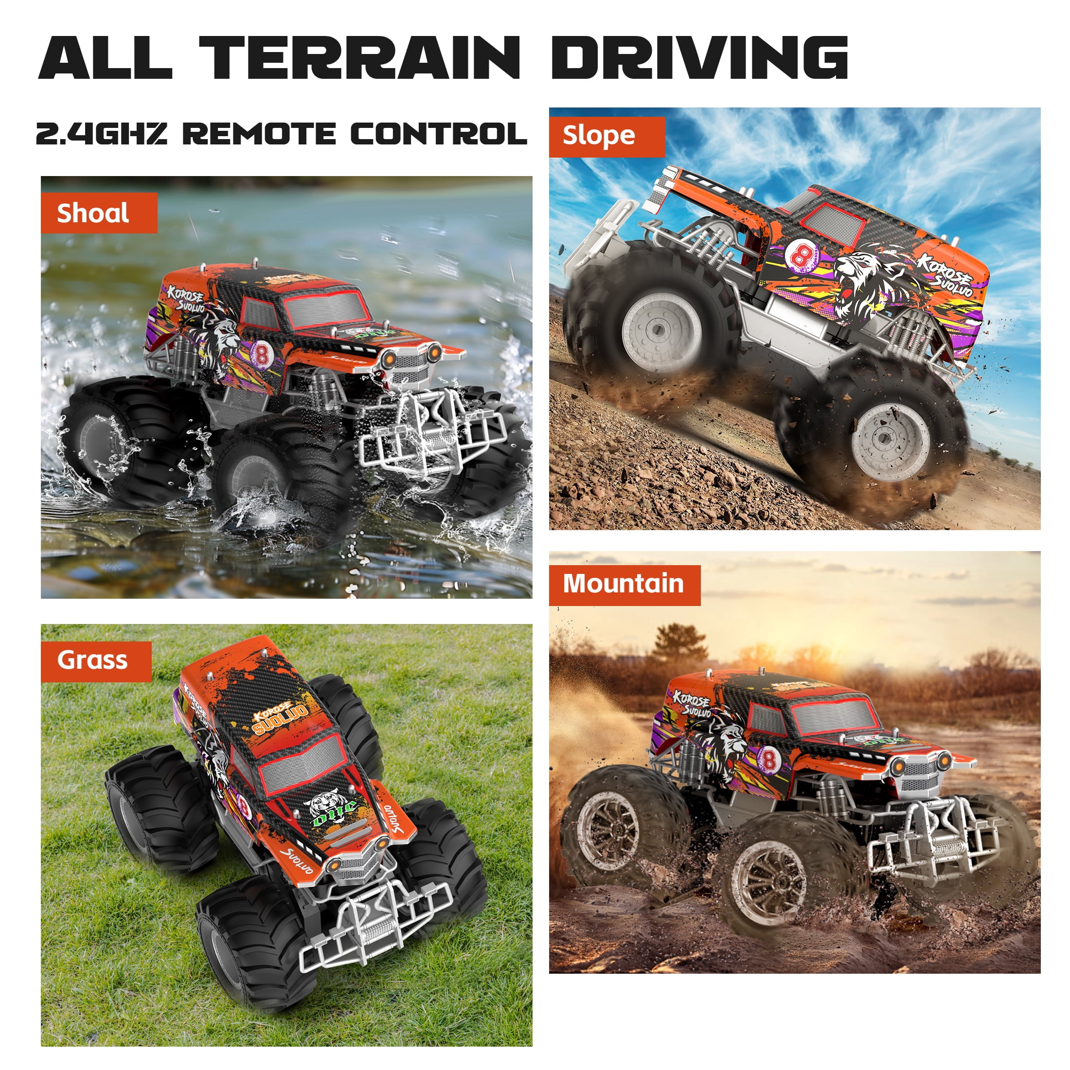 Amphibious Remote Control Car 2.4GHz 1:16 All Terrain Waterproof RC Monster Truck for Kids Pool Toys