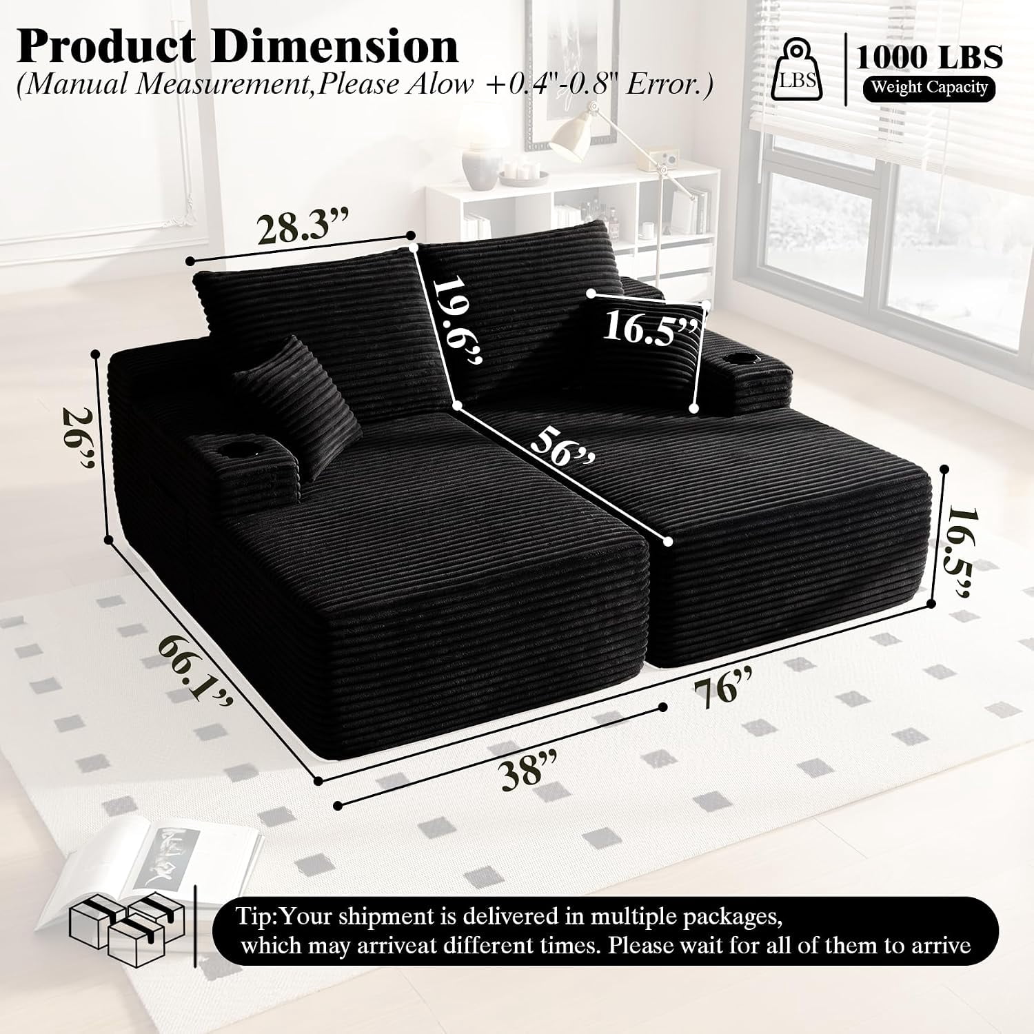 76 Inch Deep Seat 2-Seater Recliner Sofa Bed with Cup Holders, No Assembly Needed, Black