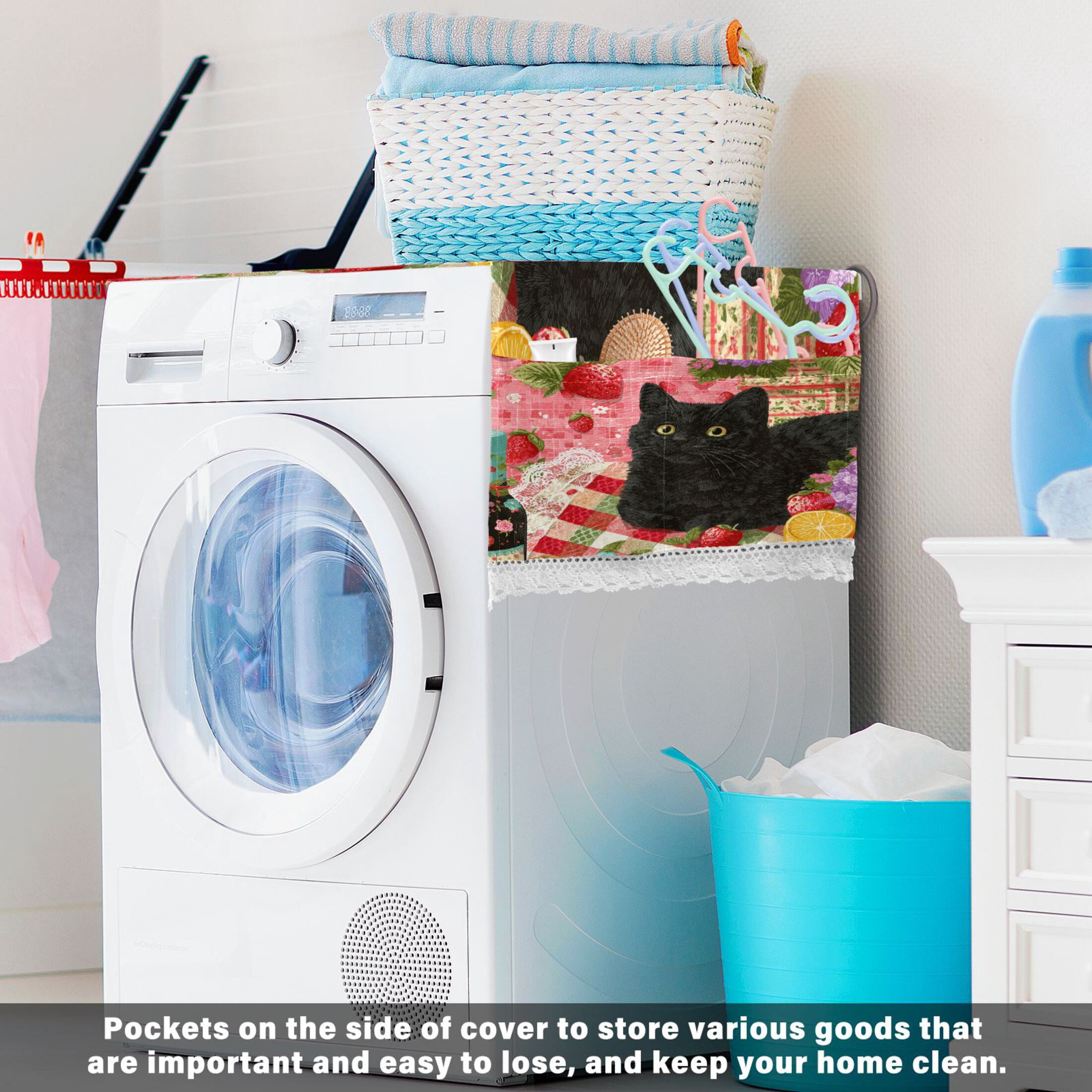 Wobogo Strawberry Black Cat Washing Machine Cover Dustproof Washer Dryer Cover Waterproof Laundry Room Decorative Protector