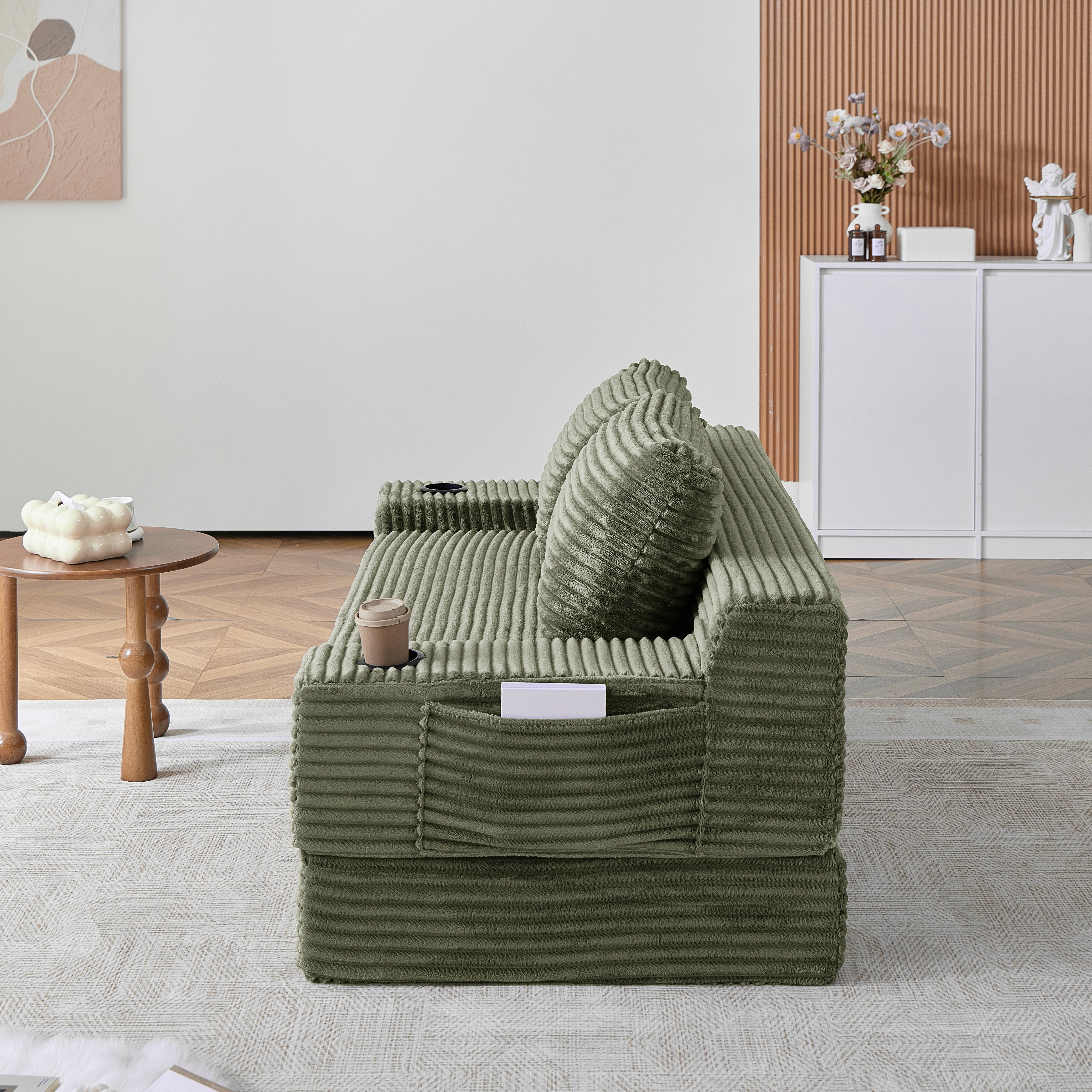 Leumius Futon Sofa Bed,Convertible Corduroy Boneless Couch with Cup Holders & Pocket,2-in-1 Foldable Sleeper Sofa for Living Room, Small Spaces, Bedroom, No Assembly,Green